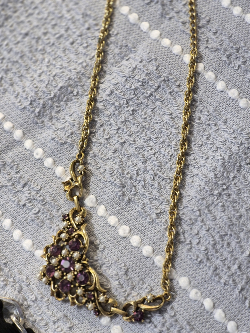 Gold-Tone Floral Necklace with Purple Gem Accents